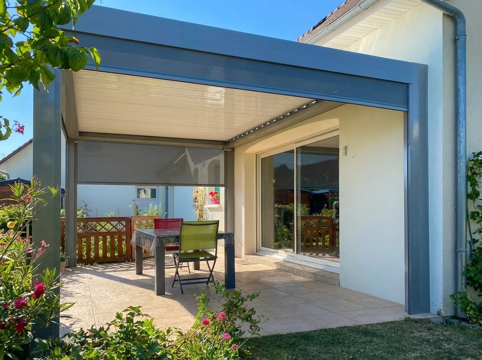 Scène extérieure montrant une pergola bioclimatique moderne adossée à une habitation